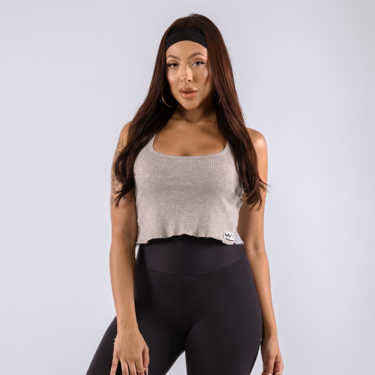 Regata Cropped Feminina Canelado Cinza Mescla