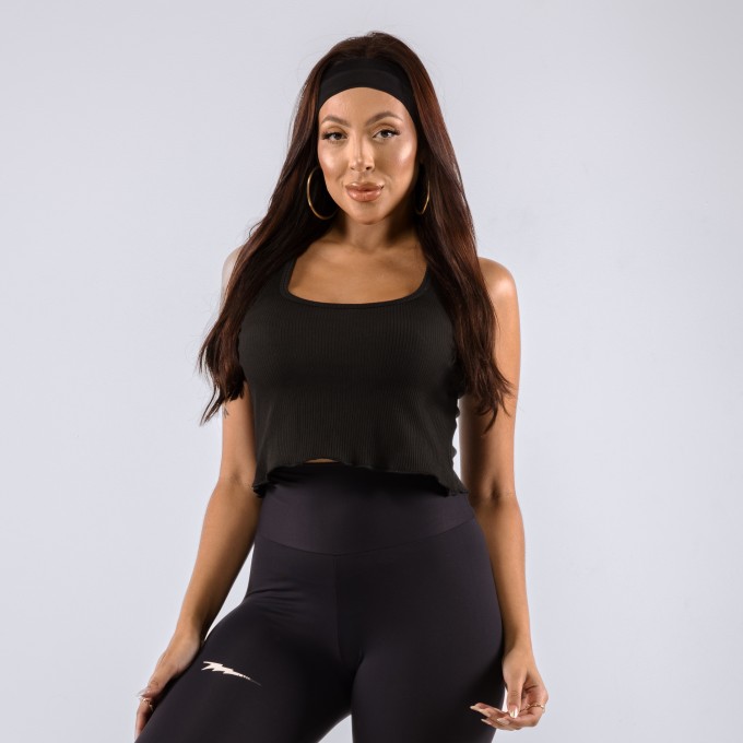 Regata Cropped Feminina Canelado Preto