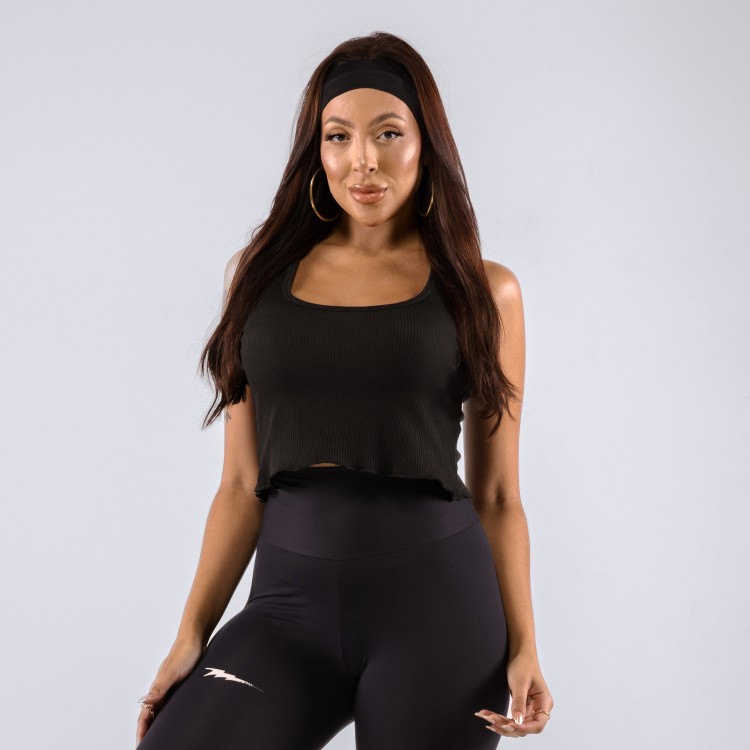 Regata Cropped Feminina Canelado Preto