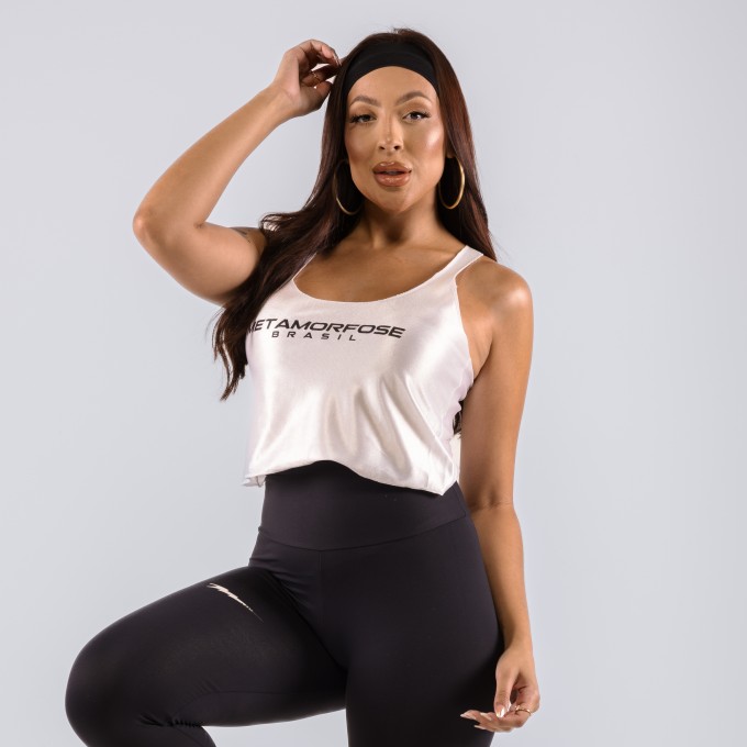 Regata Cropped Feminino Metamorfose Brilhoso Branco