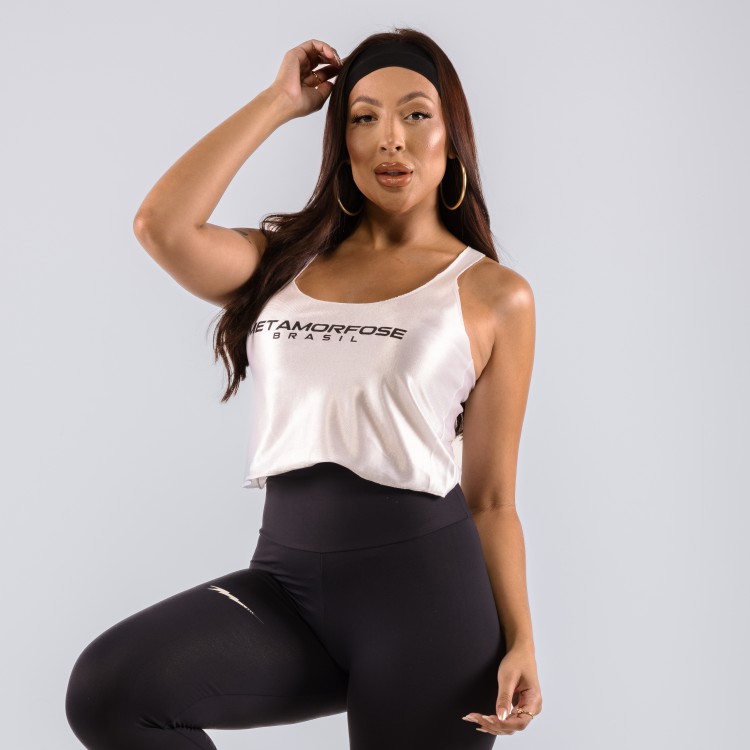 Regata Cropped Feminino Metamorfose Brilhoso Branco